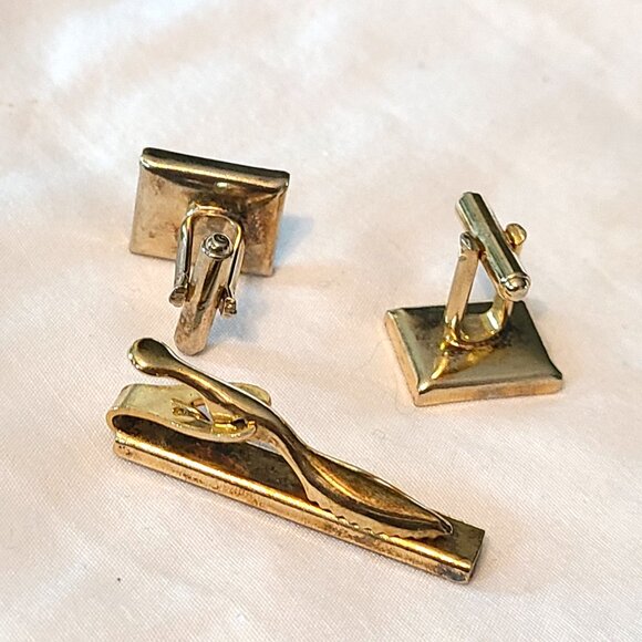 Vintage Gold Tone Masonic Freemason Black Stone Cufflinks Tie Tack Clip Men - Picture 7 of 9